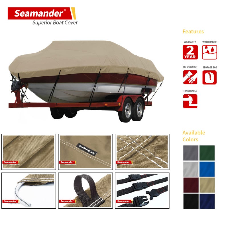 Seamander Waterproof Boat Cover, Solution-Dyed Yarn Marine Grade Cover Fits 16' to 18.5' ft Bass, V-Hull, Tri-Hull, Fish & Ski, Runabout Bowrider Boats - Heavy Duty Canvas Beige - Image 2